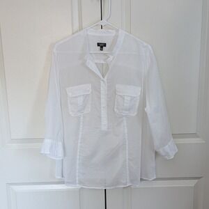 Talbots White Cotton 3/4 Sleeve Sheer Blouse Woman Petites 20WP Split Neck